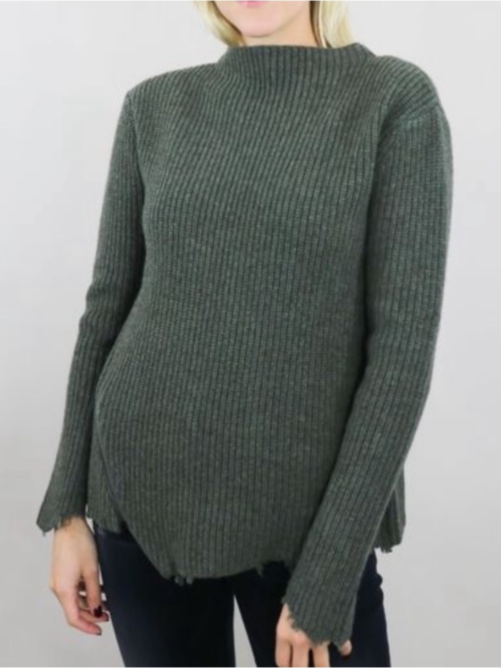 Generation Love frayed edge Ribbed Cashmere wool Sweater Top Dark Olive green